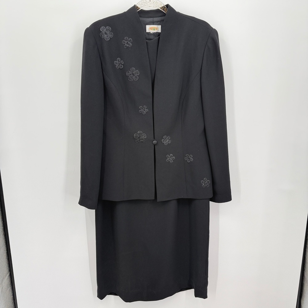 Talbots Womens Black Floral Embellished Skirt Suit Set Sz L Career Office